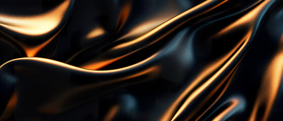 Close-up of dark velvet fabric with deep folds, sprinkled with gold shimmering dust that reflects light. The texture is smooth and shiny. Abstract background.	
