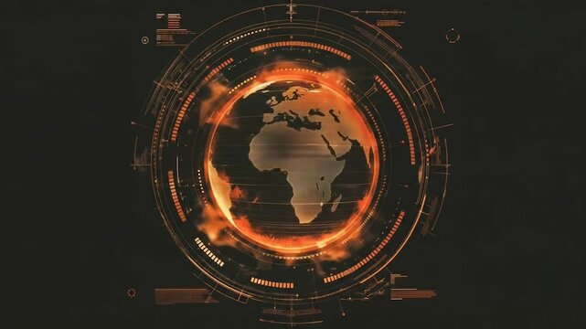 Cyber-surveillance concept with North and South America rendered in glowing orange against dark background, featuring military-grade HUD elements and data monitoring