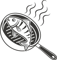 
This collection of black and white illustrations depicts a fish being cooked in a frying pan, with steam rising from it.