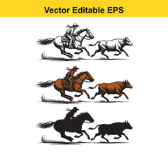 Cowboy Chasing a Runaway Steer on Horseback &ndash; Western Rodeo Action & Ranch Life