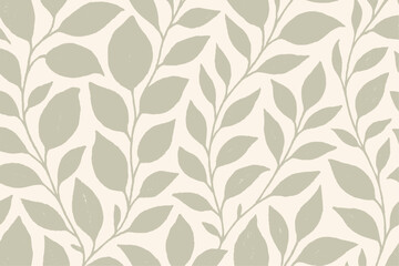 Elegant vector pattern of stylized branches with leaves. Soft, muted green foliage on a light cream background. Organic botanical art for decor.