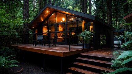 Fototapeta premium A stunning modern cabin nestled among towering trees creates a peaceful retreat in the forest, showcasing a perfect blend of nature and contemporary design elements.