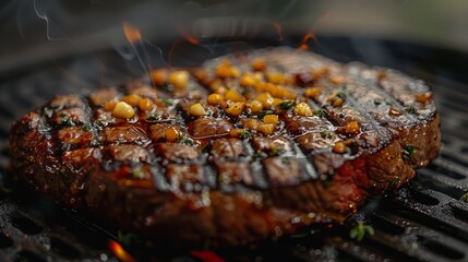A mouth-watering grilled steak adorned with herbs and spices showcases culinary excellence, emphasizing the art of cooking and the joy of delicious food presented beautifully.