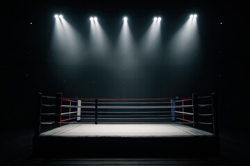 Professional Boxing Ring Centered Under Bright Spotlights in a Dark Arena Awaiting a Championship Fight