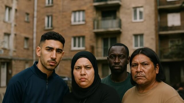 immigrants of different races and nationalities, in a neighborhood of europe: a muslim woman with veil, a subsaharian, a latin, and a maghrebi. Integration problems in Europe and America