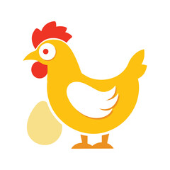 Cartoon illustration of a happy yellow chicken and egg on a clean white background