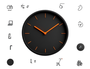Black clock with orange hands, surrounded by icons