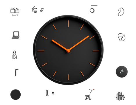 Black clock with orange hands, surrounded by icons