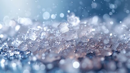 A close-up view of shimmering ice crystals and snowflakes scattered over a smooth surface, capturing the essence of winter's beauty and fragility in nature.