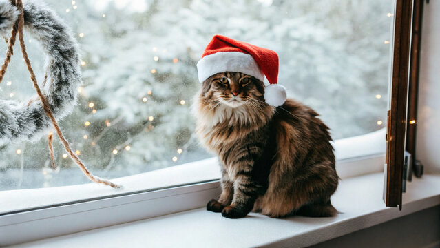 Fluffy tabby cat wearing a Santa hat, sitting on a snowy window sill, glowing fairy lights and festive wreath in background