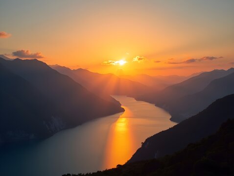 The sun rising over mountains and water