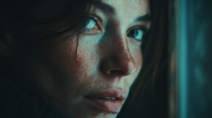 Close up portrait of a freckled young woman with captivating blue eyes, gazing thoughtfully into the distance, illuminated by soft, atmospheric lighting
