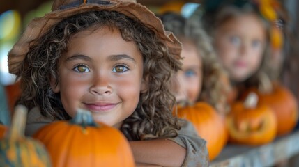 A joyful girl leans over pumpkins, embodying the spirit of autumn with her playful smile, surrounded by a warm harvest atmosphere filled with festive colors.