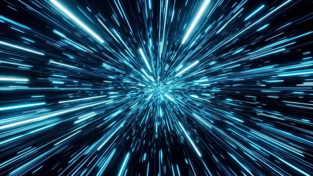 Speed light burst with radial motion streaks. Dynamic blue energy explosion effect creates hyperspace tunnel vision with accelerating velocity lines and cosmic zoom movement patterns.