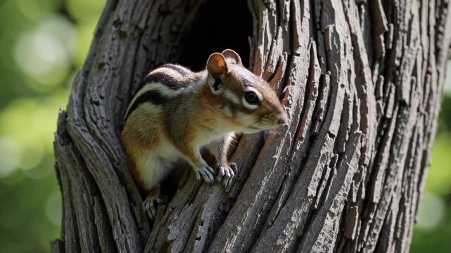 Eastern chipmunk peering cautiously from cozy tree hollow, showcasing natural woodland habitat with curious wildlife behavior