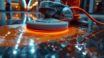 A worker expertly polishes a floor, showcasing skillful craftsmanship with a powerful buffer that creates a vibrant dynamic, capturing the essence of cleanliness and maintenance.