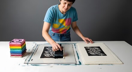 Artist printing a graphic design using a black stencil on a white table. She uses a brayer to apply ink. A colorful stack of blocks sits nearby.