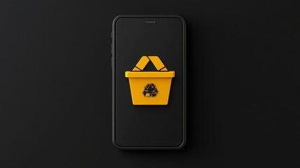 Smartphone Displaying Yellow Recycling Bin Icon on Black Background