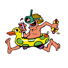 Funny cartoon man summer fun swimming