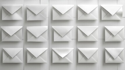 Rows of White Envelopes on a Minimalist Wall Displaying Postal Art
