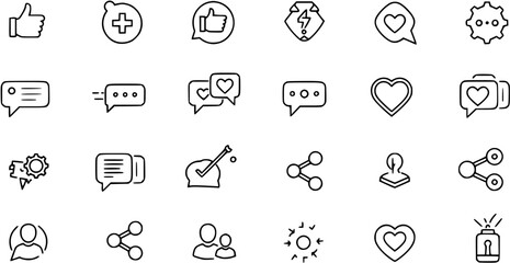 Set of generic social media user interface icons. Like, comment, share and save icons. Social media flat icons. Vector, flat outline icon isolated on white, 10 eps.
