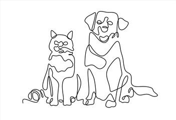 Line Art of a Dog and Cat Sitting.  line icon-continuous line drawing. Editable stroke.