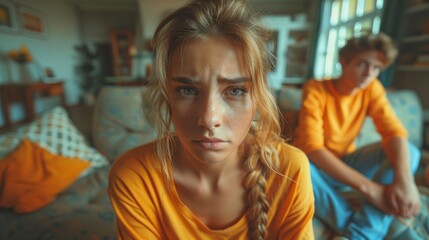 A thoughtful teenager sits with a furrowed brow, expressing a mix of concern and contemplation amid a cozy indoor setting, showcasing the complexities of youth emotions.