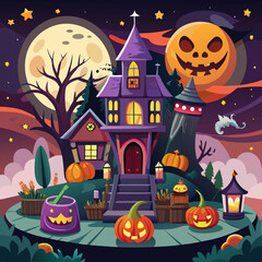 Fototapeta premium halloween background with house and pumpkins