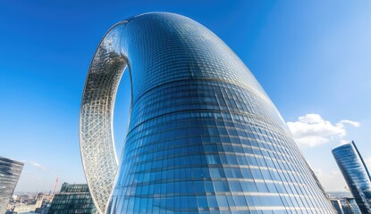Modern, curved skyscraper against a clear blue sky