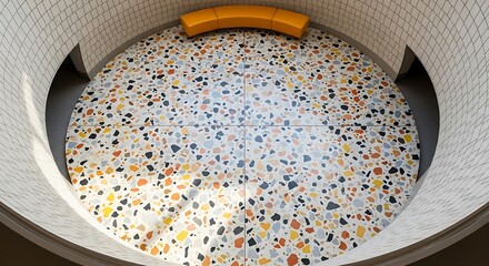 Terrazzo Tile Flooring with Orange Bench in Circular Architectural Space