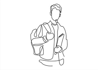 Man with backpack and book in a single line drawing.  line icon-continuous line drawing. Editable stroke.