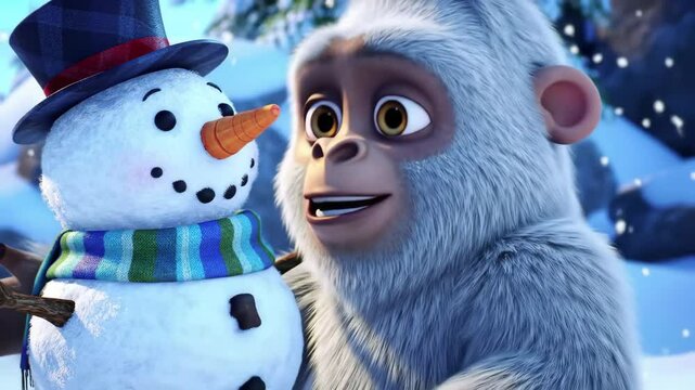 Cartoon gorilla and snowman winter scene