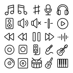 Music and Audio Icons Set,  25+ Sound, Instruments, and Playback Symbols
