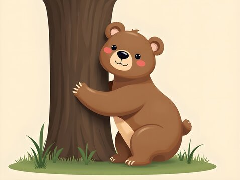 Brown bear hugging tree trunk simple wildlife animal nature illustration design
