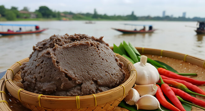 Cambodia - Fermented Fish with Rice (Prahok). crushed fermented mudfish paste, purple-gray color, raw garlic and chili beside 