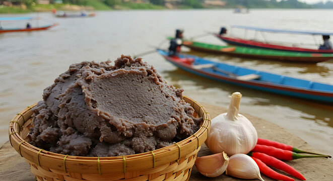 Cambodia - Fermented Fish with Rice (Prahok). crushed fermented mudfish paste, purple-gray color, raw garlic and chili beside 