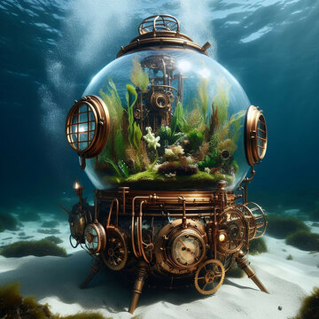 A transparent steampunk bathysphere submerged underwater. Inside the glass dome, there's a miniature terrestrial world with moss, flowers, and greenery. Outside, the ocean floor with seaweed and marin