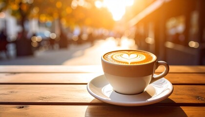 Obraz premium A cup of cappuccino with a heart design sits on a wooden table outside a cafe in the warm afternoon sun, creating a cozy and inviting atmosphere for relaxation.