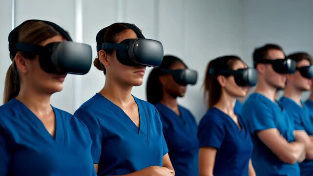 Healthcare professionals wearing virtual reality headsets participate in a training simulation, enhancing their skills and knowledge in a modern medical environment