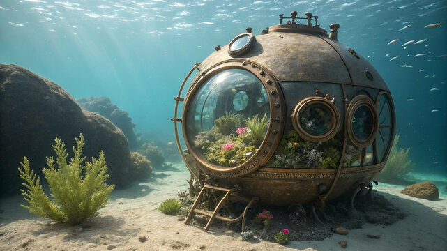 A transparent steampunk bathysphere submerged underwater. Inside the glass dome, there's a miniature terrestrial world with moss, flowers, and greenery. Outside, the ocean floor with seaweed and marin