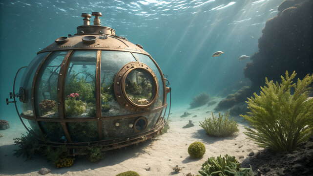 A transparent steampunk bathysphere submerged underwater. Inside the glass dome, there's a miniature terrestrial world with moss, flowers, and greenery. Outside, the ocean floor with seaweed and marin