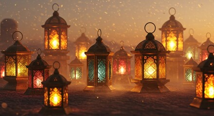 Illuminated lanterns with intricate designs casting a warm glow in a hazy atmospheric setting
