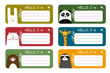 Name tag set, school stickers for kids with cute animal - panda, bear, sloth, giraffe, cat, hare. Notebook Labels. Vector illustration