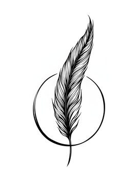 Abstract black and white illustration of a stylized feather motif within an orblike frame against a pristine white background.