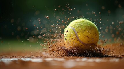 A tennis ball bounces energetically on a clay court, kicking up dust and illustrating the excitement and intensity of competitive sports in a visually striking manner.