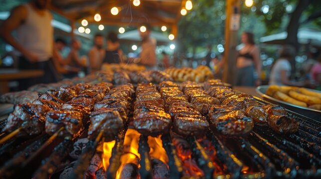 A close-up of grilled meat skewers sizzling over an open flame at a vibrant food market, highlighting the flavorful experience of street food and culinary delight.