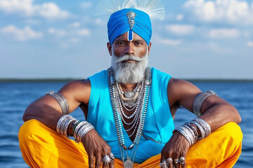 Stylish indian yogi sitting in meditation pose against blue sky background. Hinduism religion, maharishi and guru concept. Fashion portrait for poster