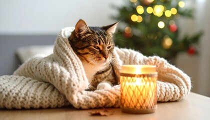 Cozy Cat with Christmas Candlelight.
