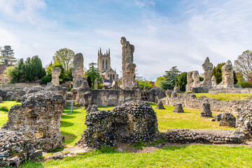 A view across the Abbey ruins in the Abbey Gardens at Bury Saint Edmunds on a bright day in springtime