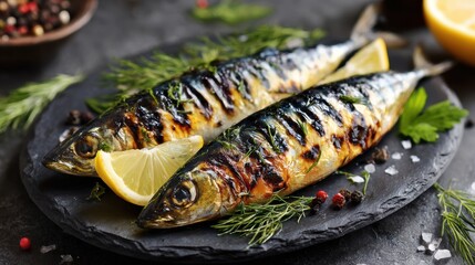 Foods reduce stroke risk. Grilled fish with lemon served on a slate plate, garnished with herbs and spices.
